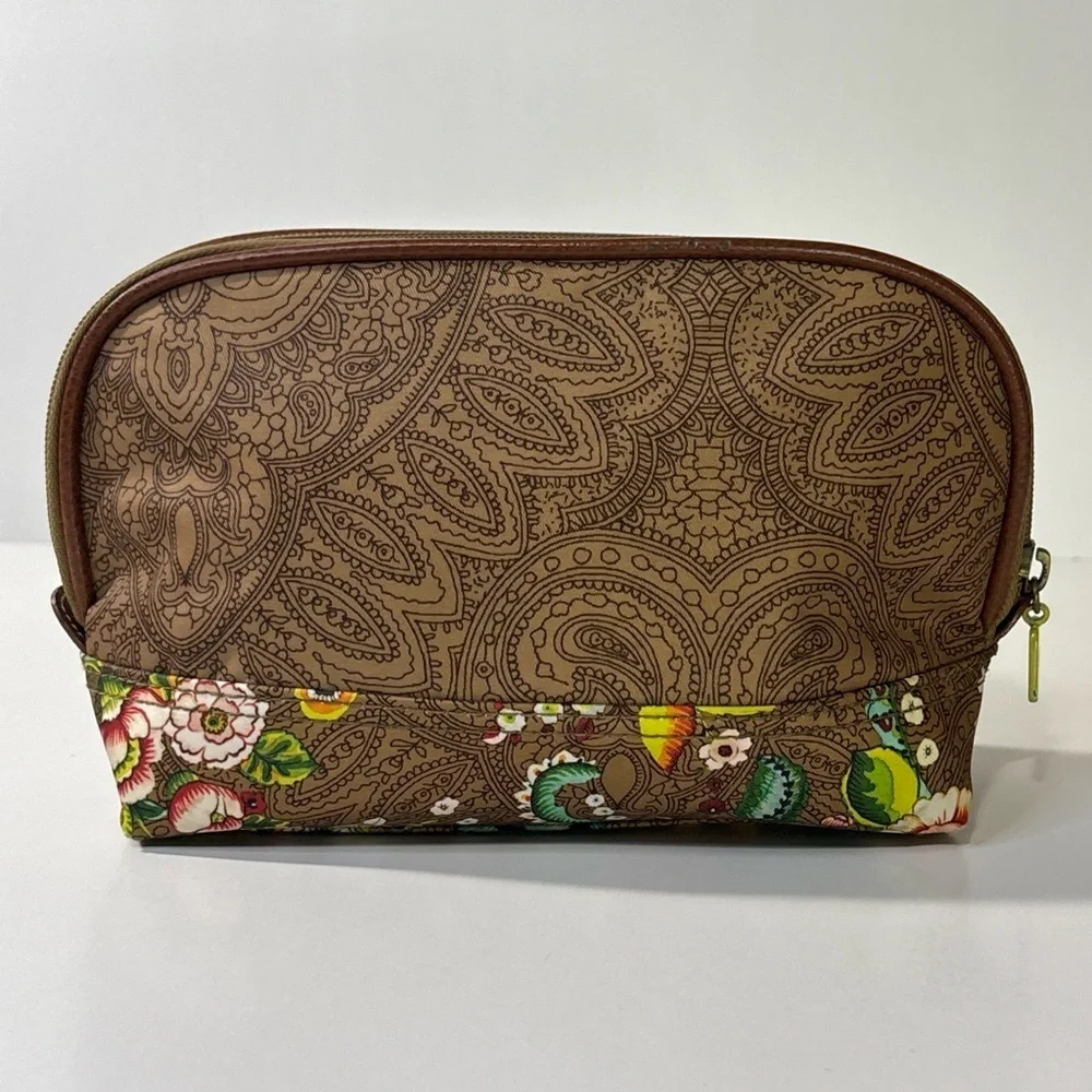 Oilily Brown Paisley Floral Cosmetic Bag Travel Makeup Pouch Zip Case
